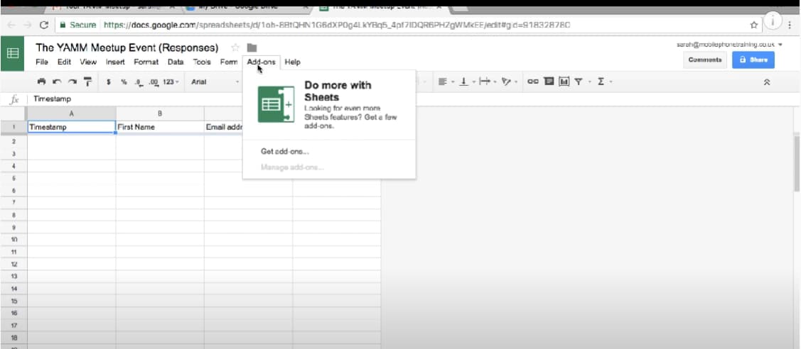 Google Sheets contact spreadsheet with the Add-ons menu open.