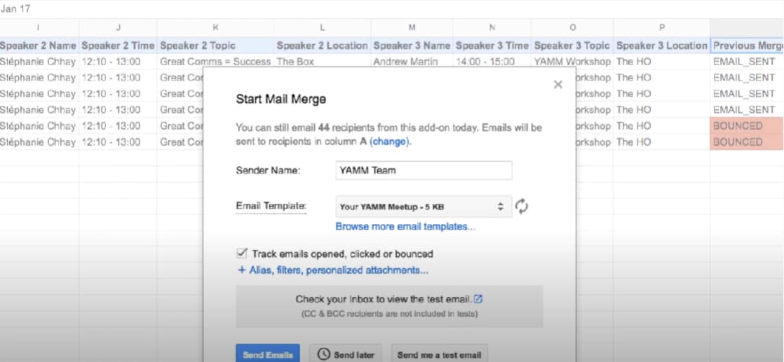 YAMM mail merge dialog prompting the sender to check a test email.