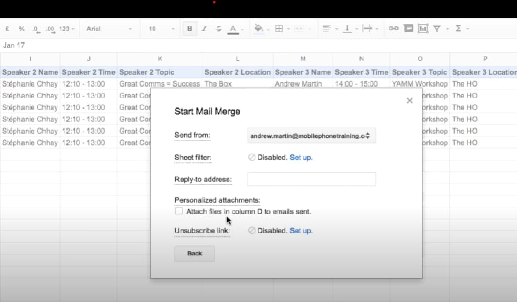 YAMM options for sender address, sheet filters, reply-to address and personalized attachments.