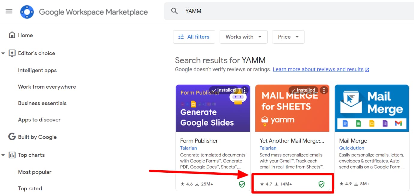 Google Workspace Marketplace search results with YAMM's rating and installation count highlighted.