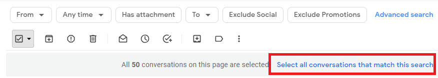 Gmail banner with Select all conversations that match this search highlighted.