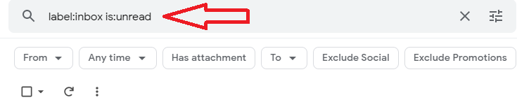 Gmail search bar containing label:inbox is:unread.