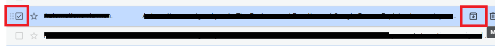 Selected Gmail message row with its checkbox and inline archive action highlighted.