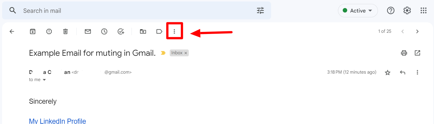 Gmail email thread with the More menu highlighted.
