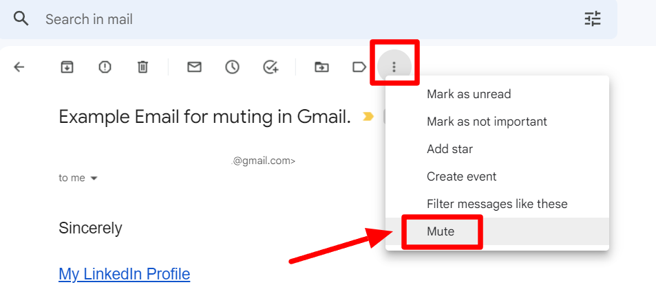 Gmail More menu with Mute highlighted.
