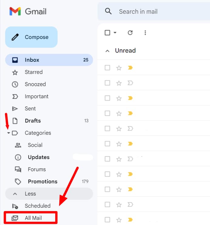 Gmail sidebar expanded to show All Mail.