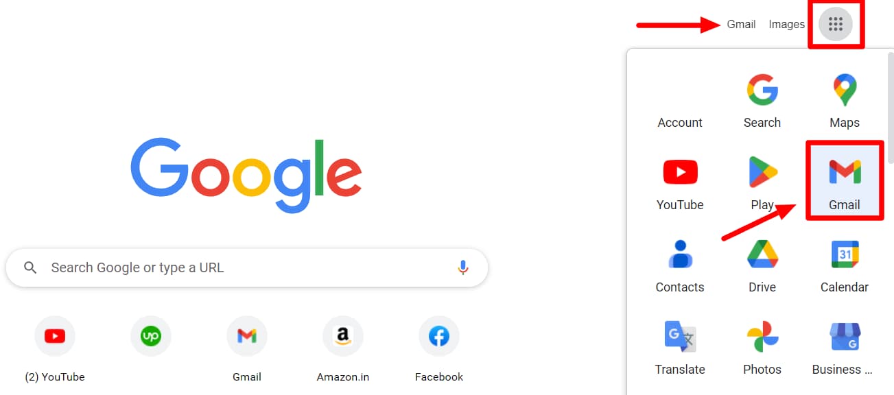 Google apps menu with Gmail highlighted.