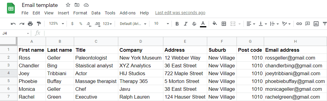Google Sheets recipient list containing names, companies, addresses and email addresses.