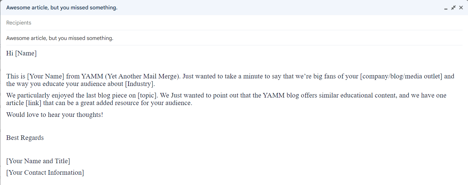 Example outreach email suggesting a related educational article.