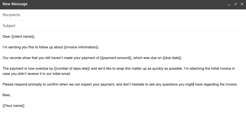 Gmail overdue-invoice reminder template with merge fields for client, invoice, amount, due date, and days late.