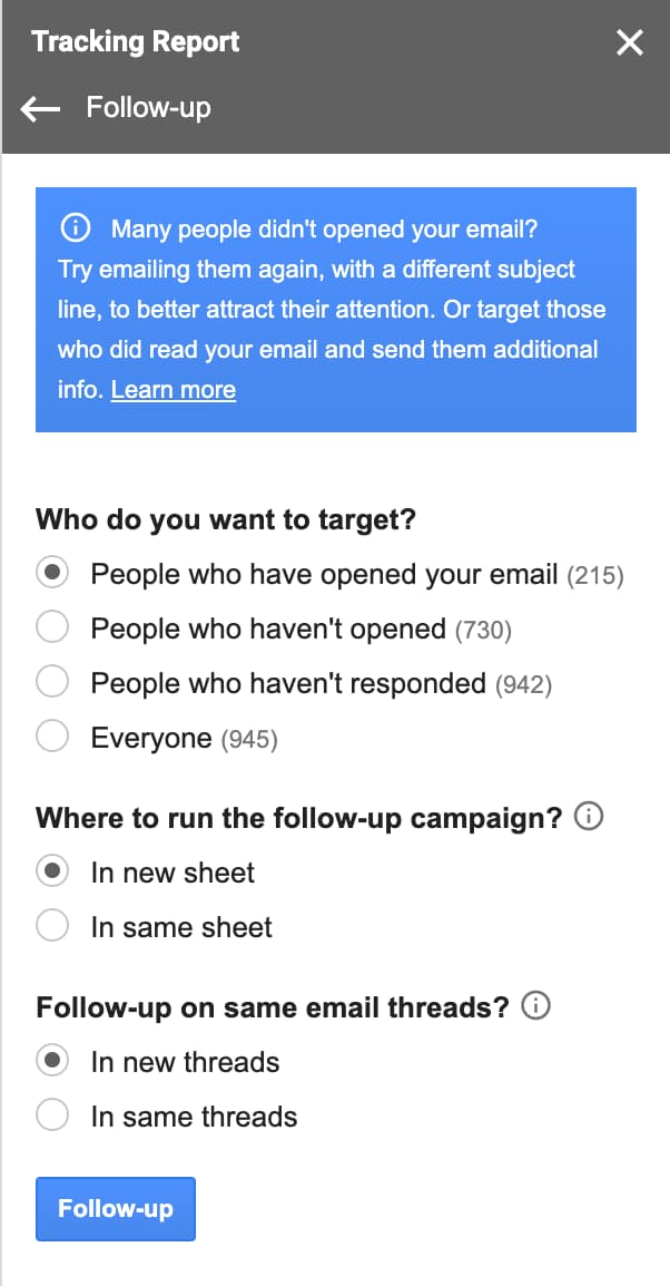 YAMM follow-up settings for targeting recipients based on opens or responses.