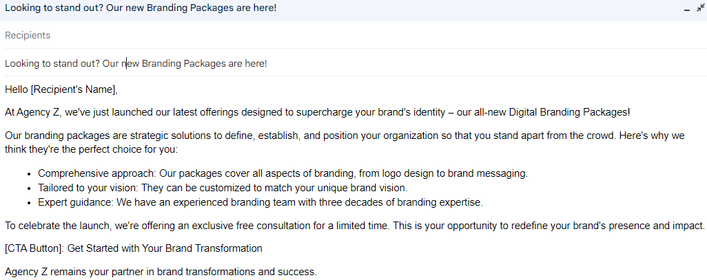 Gmail launch email announcing digital branding packages with benefits and a consultation offer.
