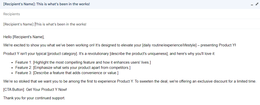 Gmail launch template introducing Product Y with feature placeholders, a discount, and a call to action.