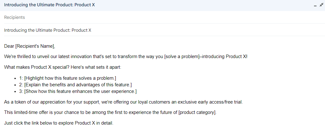 Gmail product-launch template introducing Product X with feature bullets and an early-access offer.