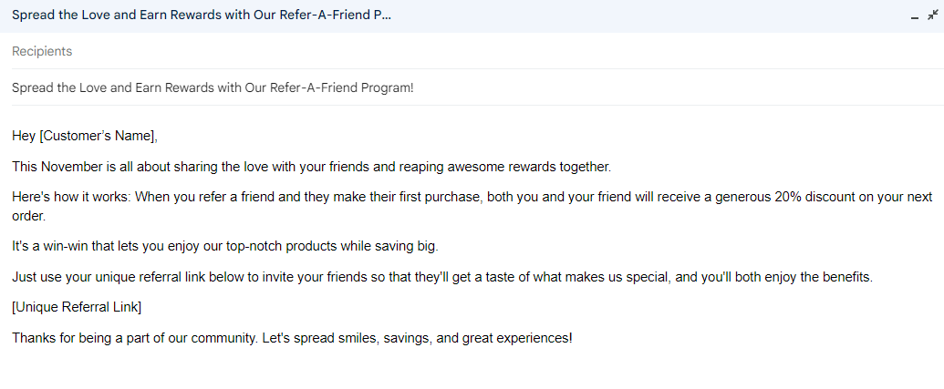 Gmail refer-a-friend template offering a discount to both the customer and their friend.