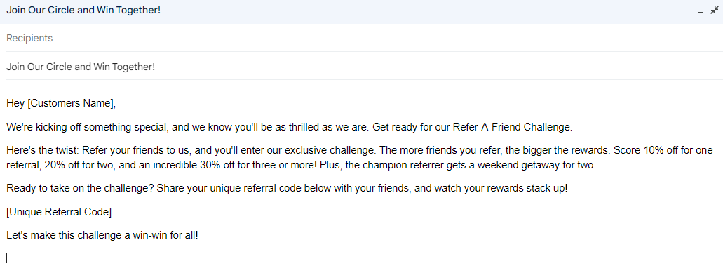 Gmail referral-challenge template with tiered discounts and a referral-code placeholder.