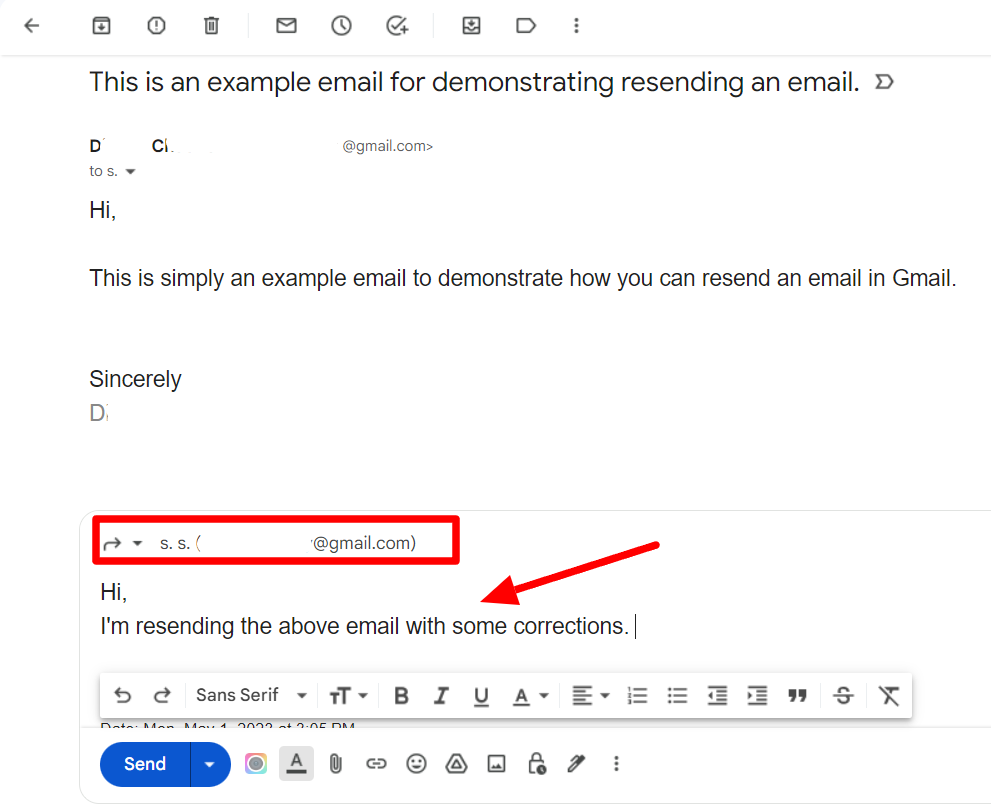 Forwarded email draft with a recipient and an added message explaining the corrections.