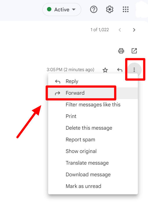 Gmail message menu with Forward highlighted.