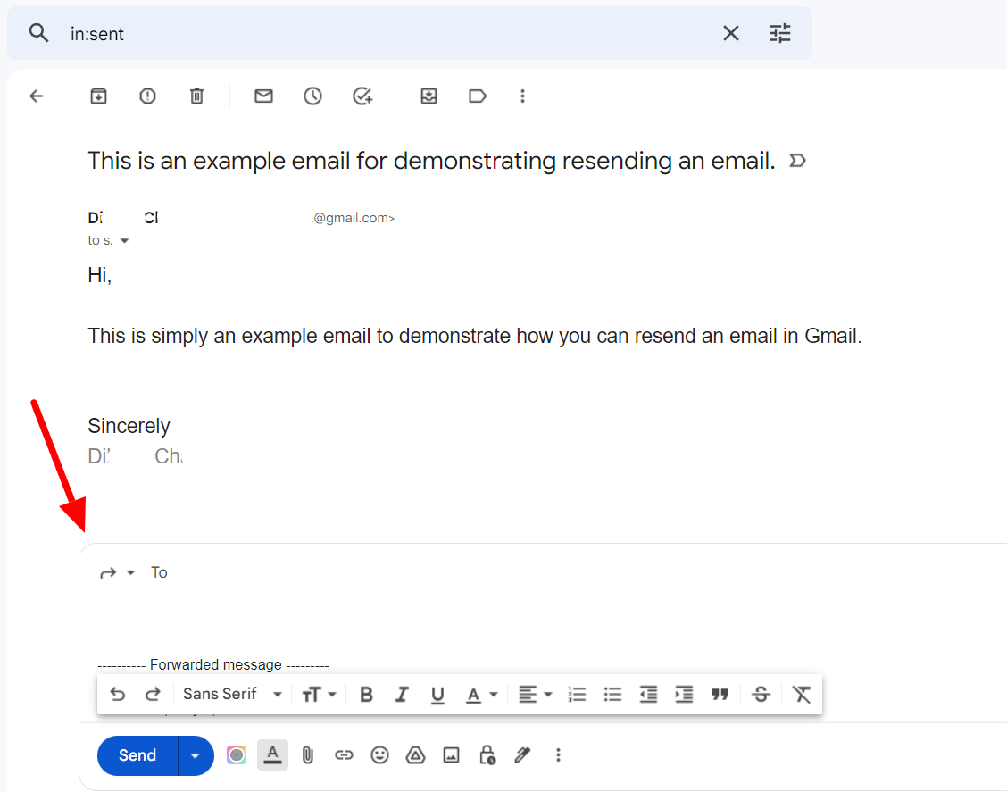 Gmail message with the forwarding composer opened below it.