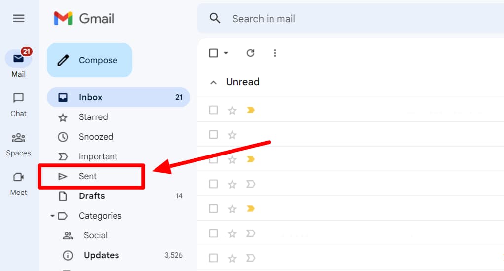 Gmail sidebar with the Sent folder highlighted.