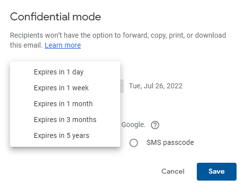 Confidential mode expiration menu offering one day, one week, one month, three months, or five years