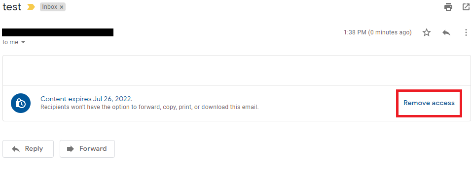 Sent confidential email with its expiration notice and Remove access option highlighted