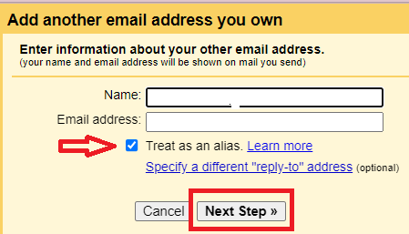 Add another email address dialog with Treat as an alias checked and Next Step highlighted.