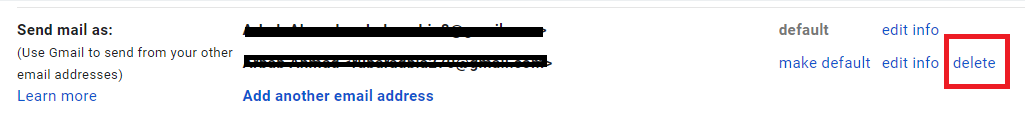 Gmail Send mail as settings with delete highlighted for an alternate sender.