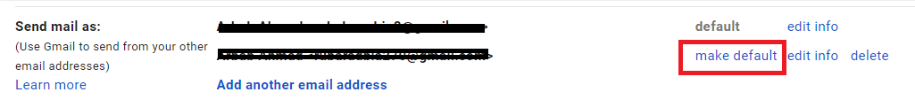 Gmail Send mail as settings with make default highlighted for an alternate sender.