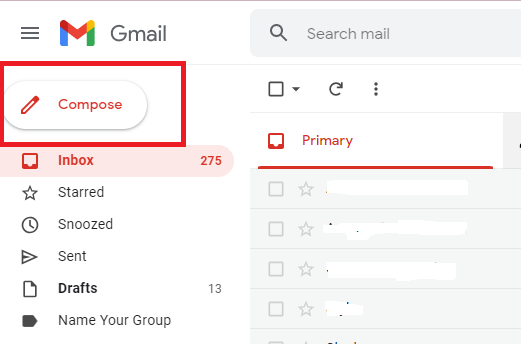 Gmail inbox with the Compose button highlighted.