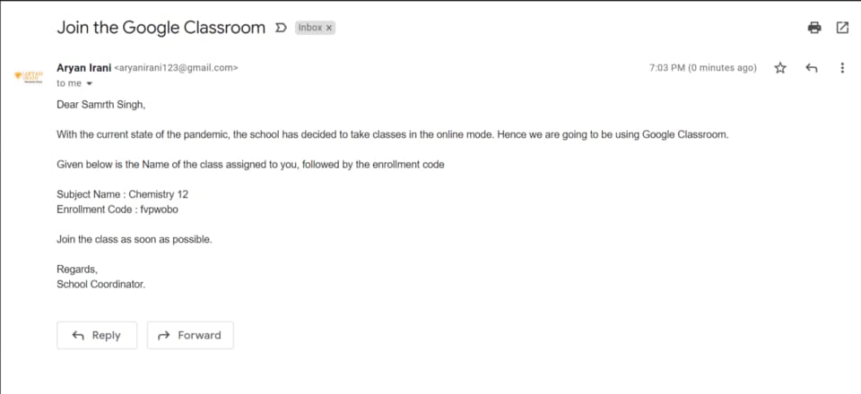 A received personalized email containing the student's class name and enrollment code.