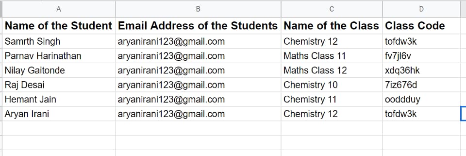 Class codes populated for all students in the mailing list.