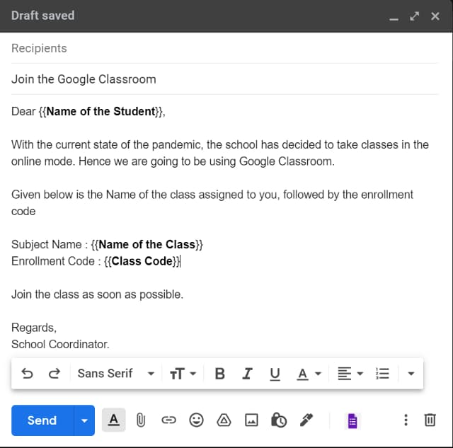 Gmail draft with merge fields for student name, class name, and enrollment code.