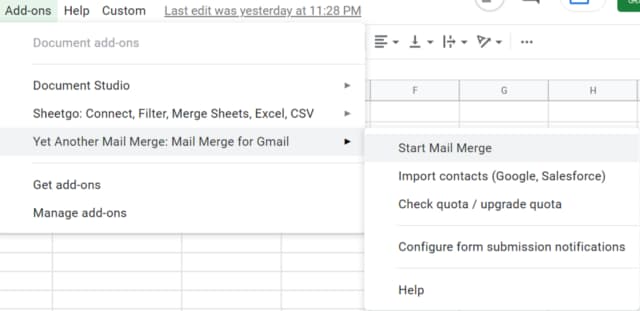 The Google Sheets Add-ons menu path Yet Another Mail Merge, Start Mail Merge.