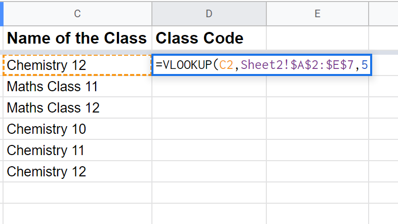 The VLOOKUP column index is set to 5 to retrieve the class code.