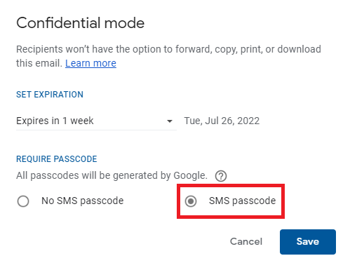 Confidential mode settings with the SMS passcode requirement selected