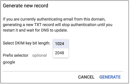 Generate new DKIM record dialog offering 1024-bit and 2048-bit key lengths.