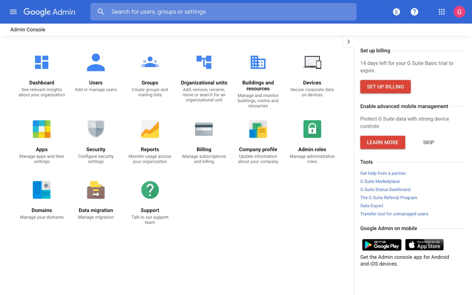 Google Admin console showing app, security, user, group, domain, and billing management icons.
