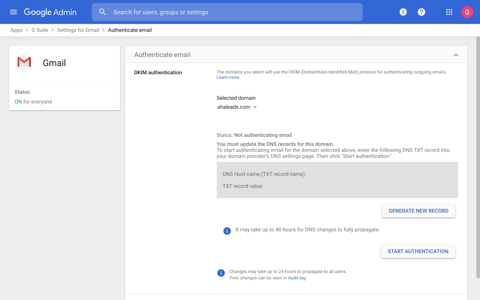 Google Admin Gmail authentication settings with Generate new record and Start authentication buttons.