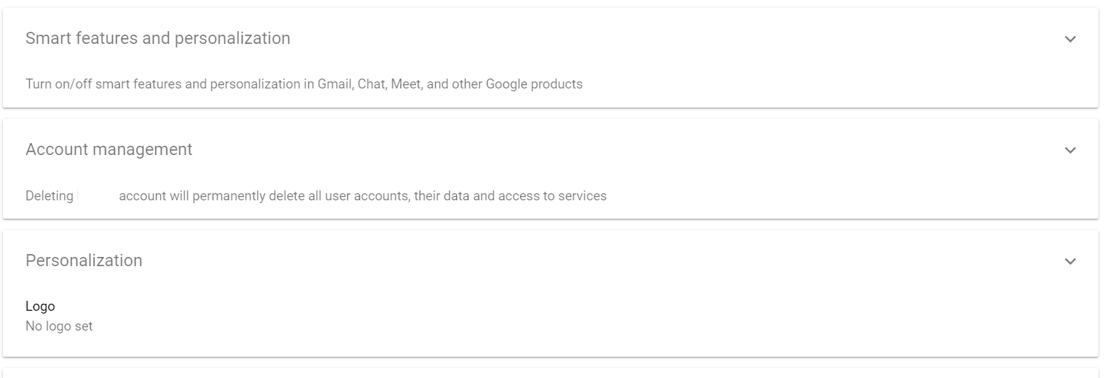 Google Admin account settings showing smart features, account management, and personalization sections.