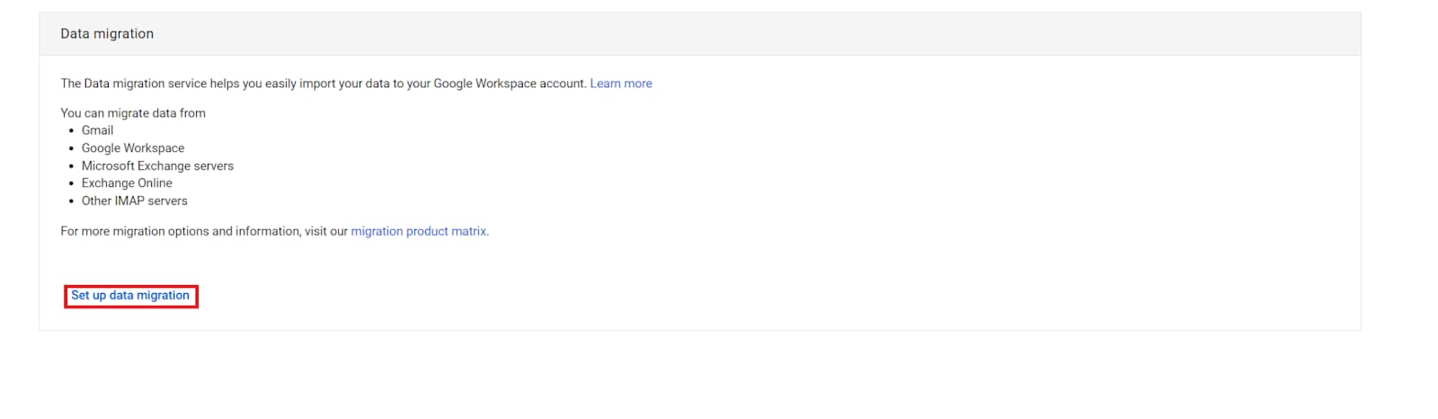 Google Admin data migration page with Set up data migration highlighted.