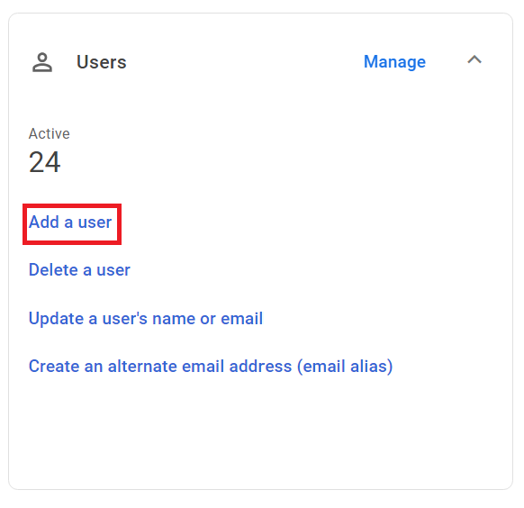Google Admin Users card with Add a user highlighted.