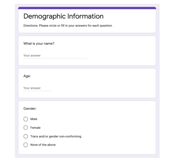 Google Forms demographic information survey with name, age, and gender questions
