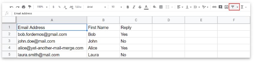 Google Sheets contact list with Email Address, First Name, and Reply columns and the filter button highlighted