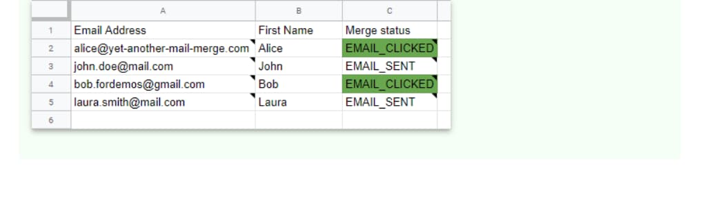 Google Sheets merge status column showing EMAIL_CLICKED and EMAIL_SENT results
