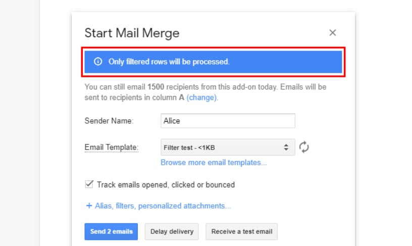 YAMM Start Mail Merge dialog confirming that only filtered spreadsheet rows will be processed