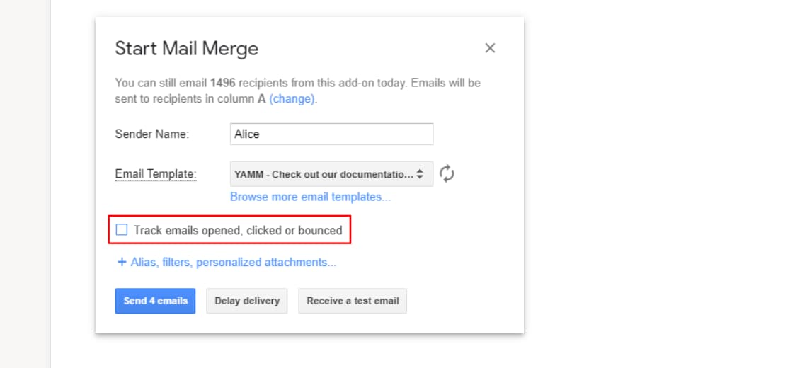 YAMM Start Mail Merge dialog with the email tracking checkbox highlighted