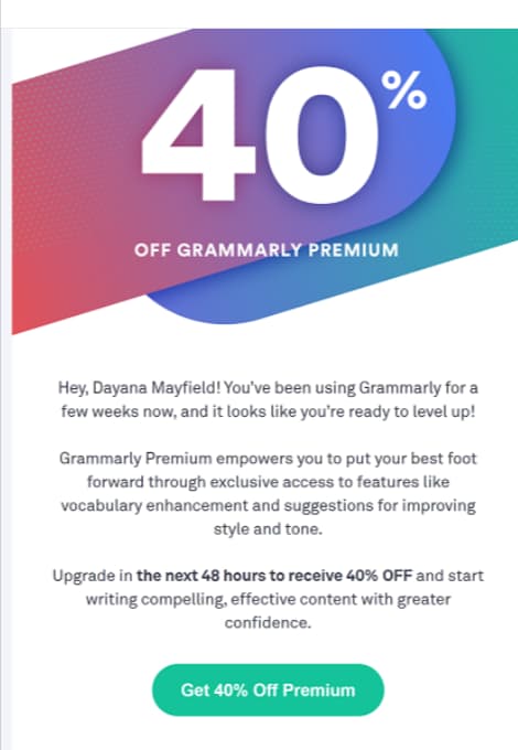 Grammarly email offering 40 percent off Premium for the next 48 hours.