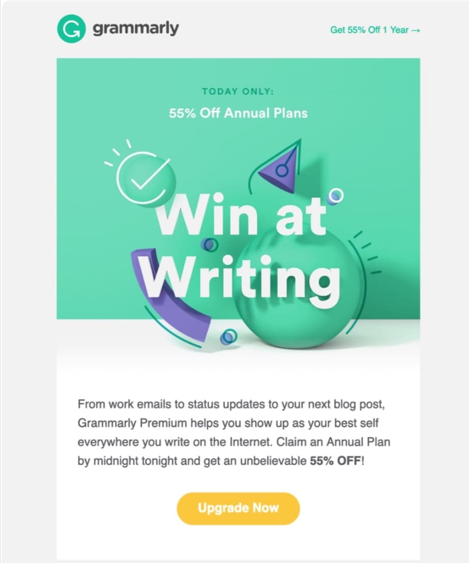 Grammarly promotional email offering 55 percent off annual plans with an Upgrade now button.
