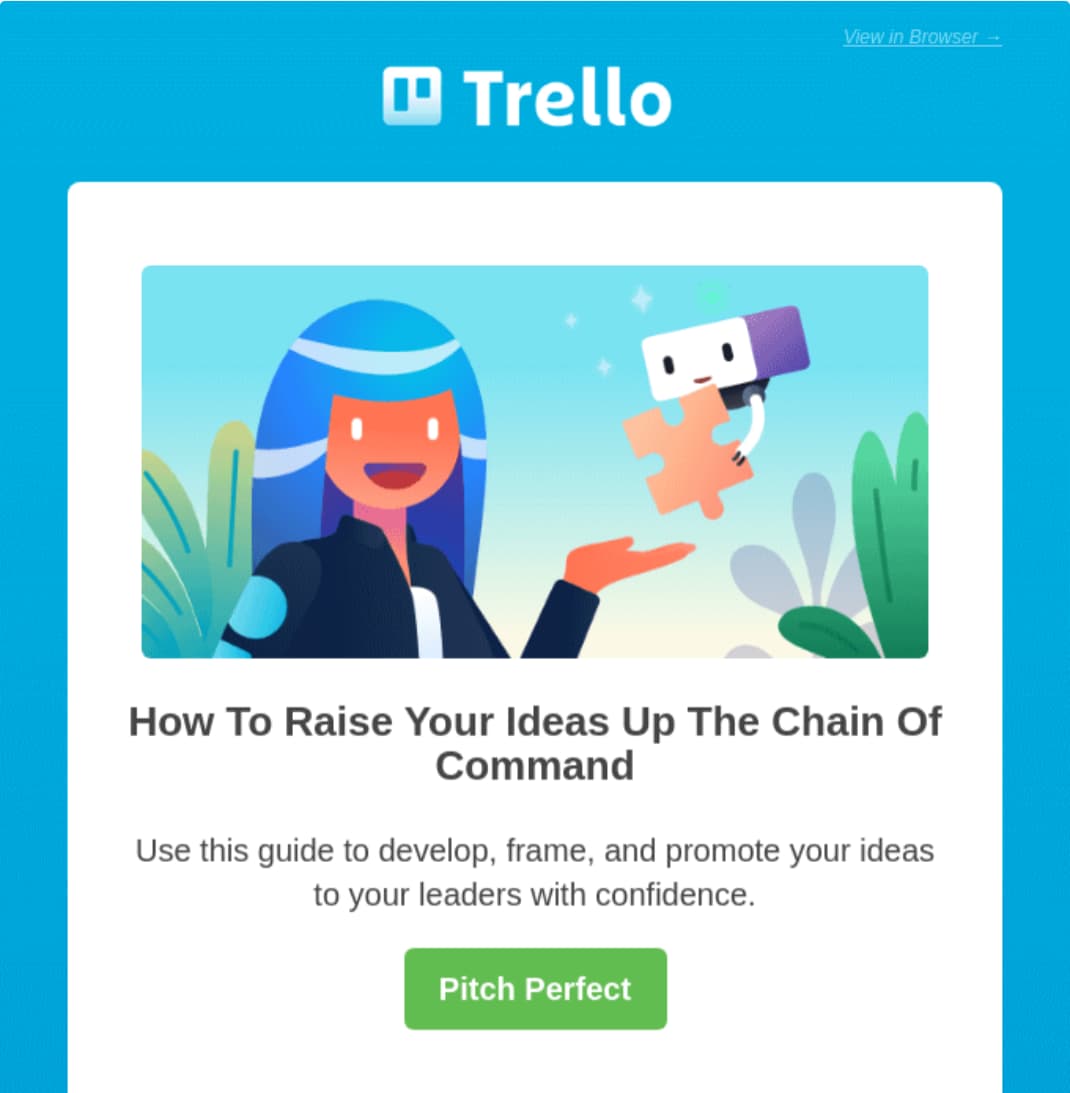 Trello newsletter promoting a guide to presenting ideas to leaders, with a Pitch perfect button.